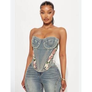 Fashion Nova Amari Floral Denim Corset Bustier Top - Vintage Wash - Size M